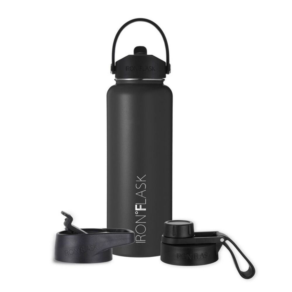 IRON FLASK 40oz Straw Stainless Steel Insulated Water Bottle 3 Lids Black